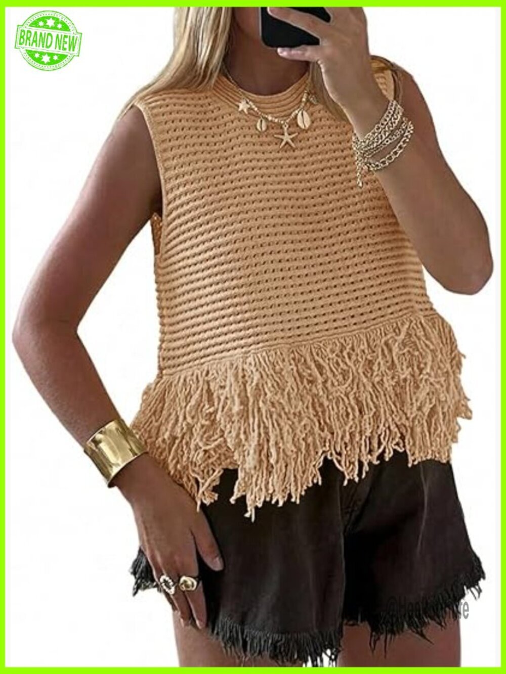 Crochet Knit Sweater Vest Sleeveless Fringe Boho Summer Top